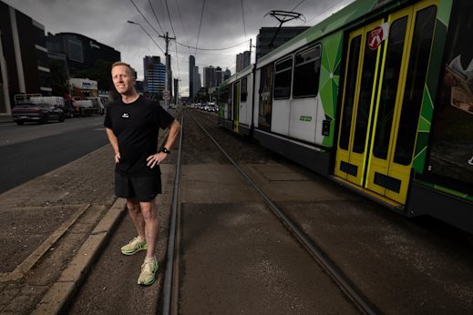 Lucky to be alive: Ben Turner shows where he was hit by a tram on Kings Way, South Melbourne, in 2005.