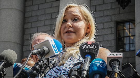 Virginia Giuffre outside a Manhattan court after Jeffrey Epstein’s death in 2019.