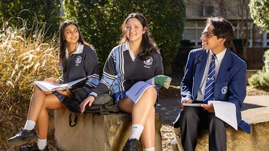 Year 12 English students Netra Sangameswar, Xavier Bali and Hannah Tollens at Castle Hill High School, in Castle Hill, New South Wales, Friday, 31 July 2026.  Story on public schools which achieve above average results across the HSC, as Castle Hill High is one of the biggest schools in the state and has remarkable advanced English results. 