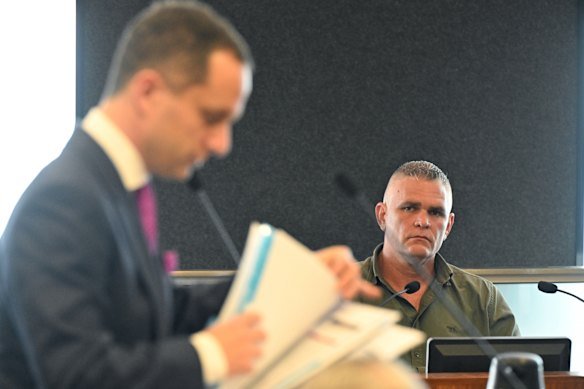 Rob Pickard (right), General Manager, Queensland and Northern Territory, BMD Constructions is seen being questioned by Senior Counsel Assisting Eddy Gisonda KC (left) during the Commission of Inquiry.