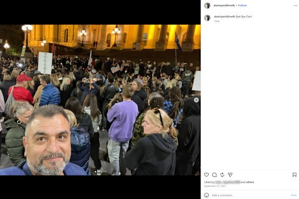 One Nation candidate Fiona Lopez’s husband Alex at a rally after former premier Daniel Andrews quit. 