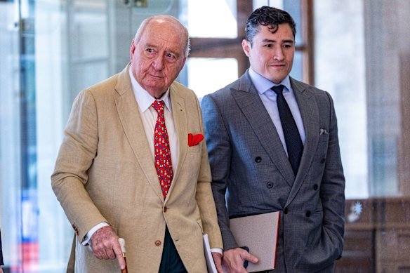 Alan Jones and his lawyer Bryan Wrench outside the Downing Centre Local Court.