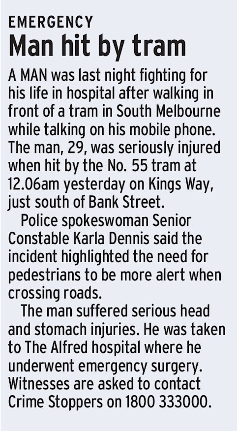 A newspaper report on Ben Turner being hit by a tram.