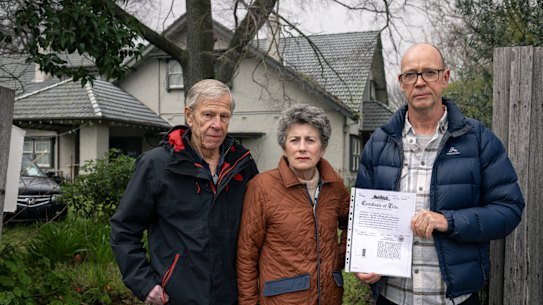 Geoff Walker (left), Gillian Simonson and Peter Aitken are among Camberwell residents involved in a legal challenge over a proposal to turn a Burke Road property into a childcare centre.