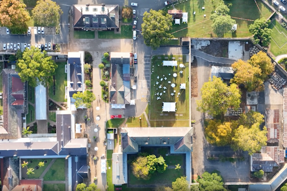 A drone view of the Parramatta Female Factory precinct from above.