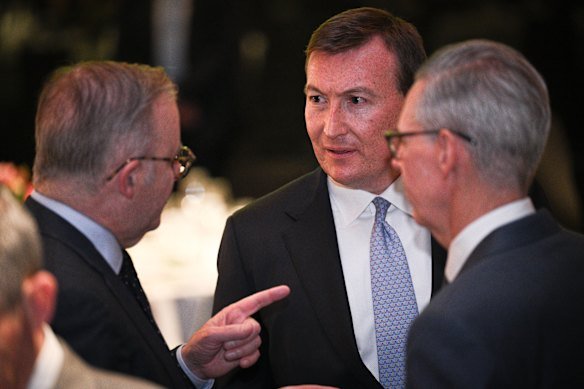Prime Minister Anthony Albanese speaks with the BCA’s chief executive Bran Black (centre) and president Geoff Culbert in 2024.