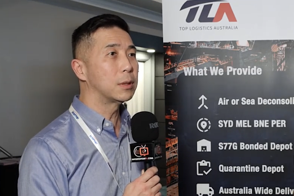 Peter Xie being interviewed at a logistics conference in 2022, several years before he was arrested at his Barangaroo apartment on Thursday.