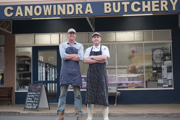 Wal and Mul outside their shop. Says Wal, “We were very conscious of the fact there are more butcher’s shops in rural areas closing than opening, but we thought, ‘Ah, bugger it, let’s put in a bid.’”