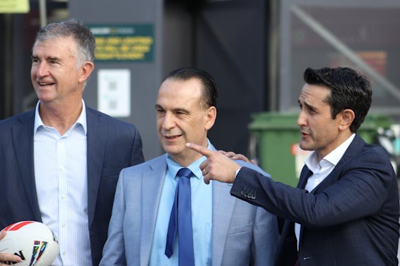 David Crisafulli with NRL chairman Peter V’landys at Suncorp Stadium on Friday ahead of the Magic Round.
