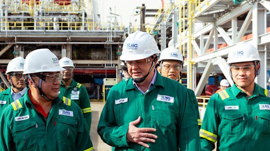 Anthony Albanese last week touring Jurong Island, Singapore’s oil hub.   