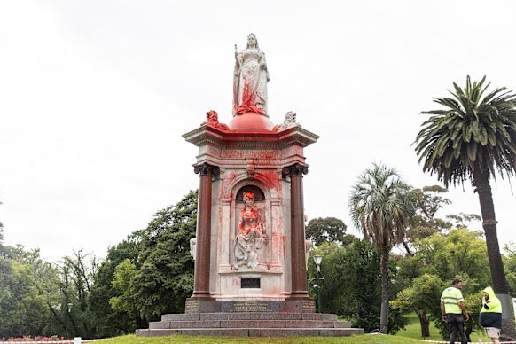 Melbourne’s Queen Victoria Memorial after it was vandalised the day before Australia Day 2024.