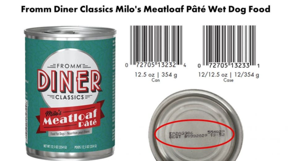Recalled Fromm Diner Classics Milo’s Meatloaf Pâté Wet Dog Food can with UPC and lot information