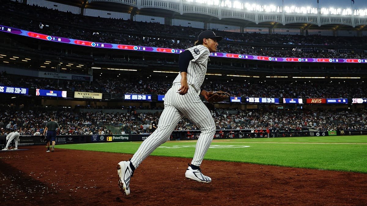 George Lombard Jr. takes the field during his MLB debut at Yankee Stadium.