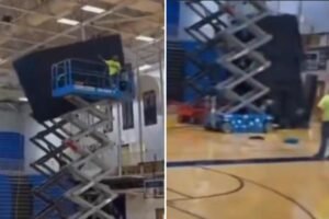 Extraordinary video shows failed jumbotron installation — shatters into pieces as it slams on gym floor