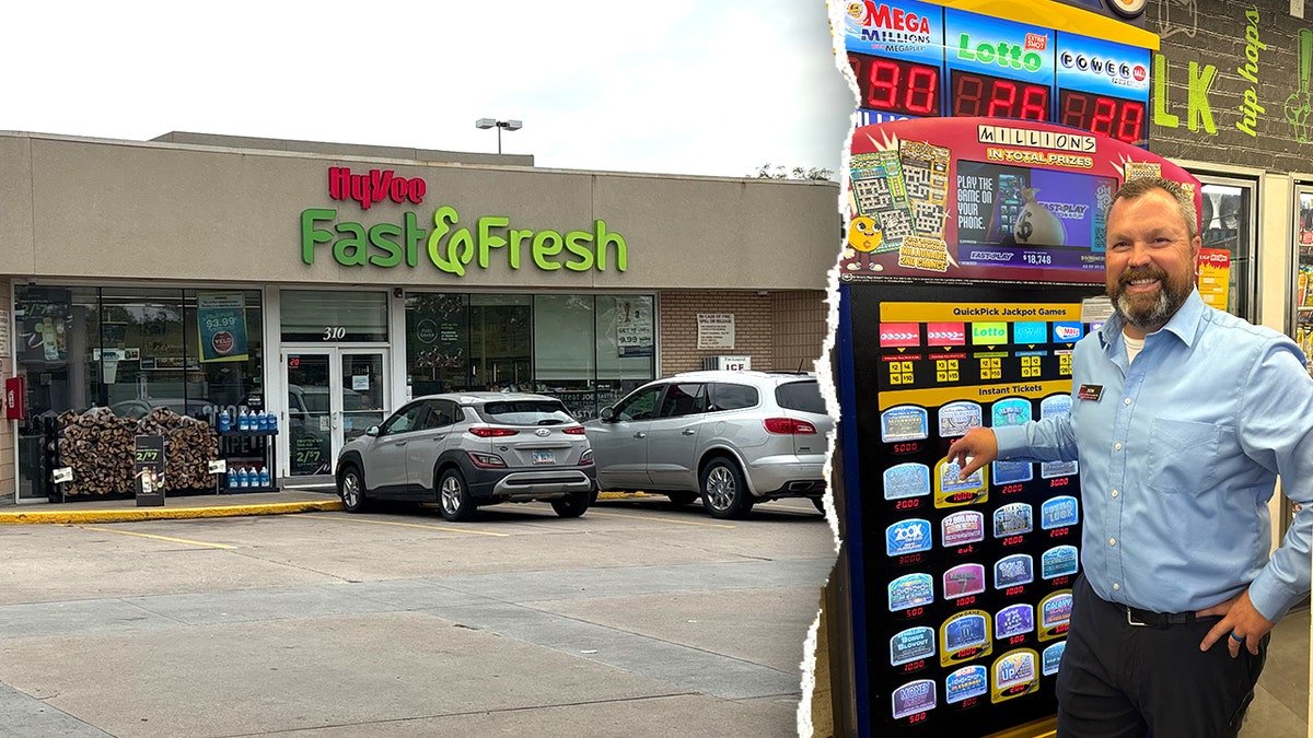 Split image of Hy-Vee store, Jon at powerball machine