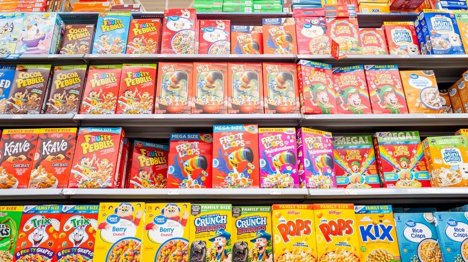 Boxes of various Kellogg's cereals are displayed on shelves at a Walmart Supercenter on May 6, 2025 in Austin, Texas.