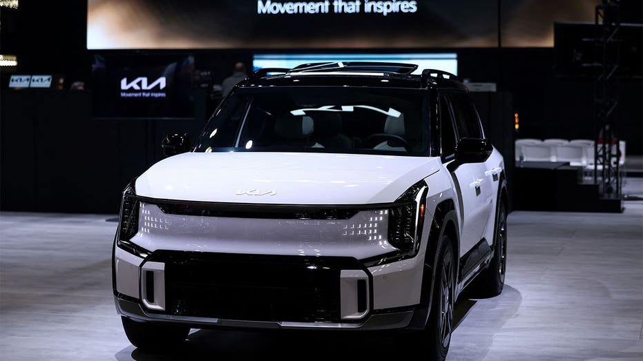 Kia EV9 electric SUV displayed at the New York International Auto Show in New York City.