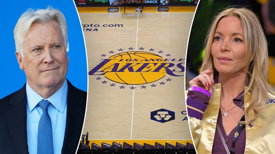 Mark Walter and Jeanie Buss with Lakers court logo in middle