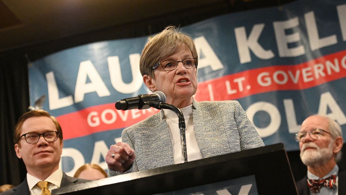 Democratic Gov. Laura Kelly addresses the crowd during her watch party at the Ramada Hotel Downtown Topeka on November 8, 2022 in Topeka, Kansas.