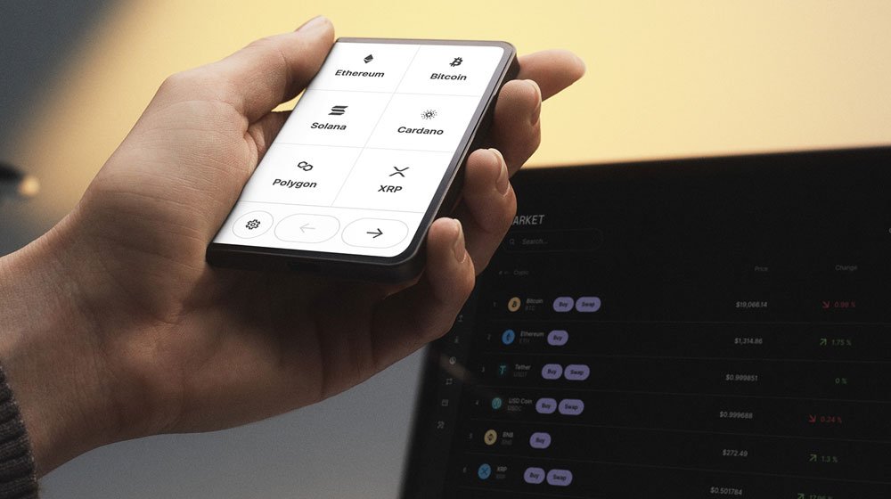 Ledger Stax hardware wallet displaying cryptocurrency options