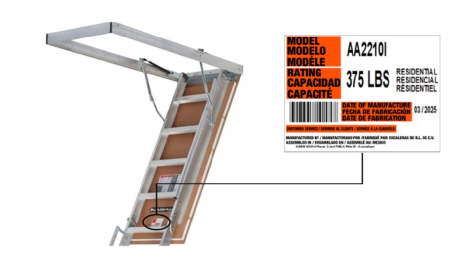 A close-up shows the label plate and model number on a recalled attic stairway ladder equipped with gas struts.