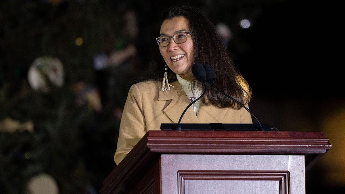 Congresswoman Mary Peltola speaking during Capitol Christmas tree lighting ceremony in Washington, D.C.