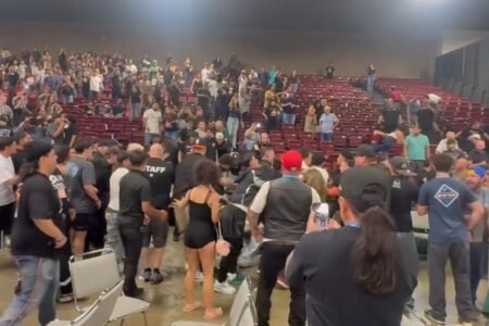Moment mass brawl of over 100 MMA fans breaks out in California convention center Moment mass brawl of over 100 MMA fans breaks out in California convention center