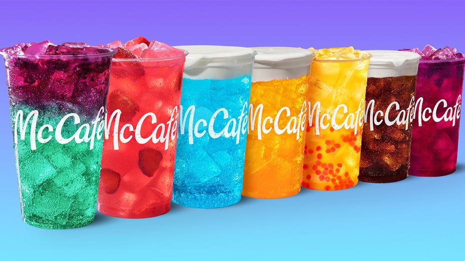 McDonald’s crafted sodas and specialty drinks displayed in McCafé cups