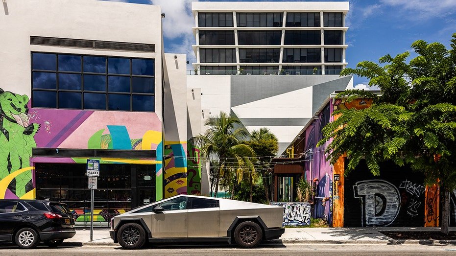 Tesla Cybertruck parked outside Wynwood building