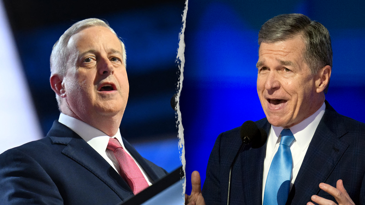 Republican Michael Whatley and Democrat Roy Cooper standing together