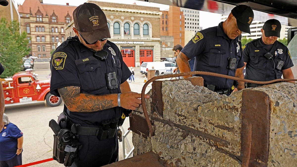 motor unit Cincinnati looking at steel beam from 9/11