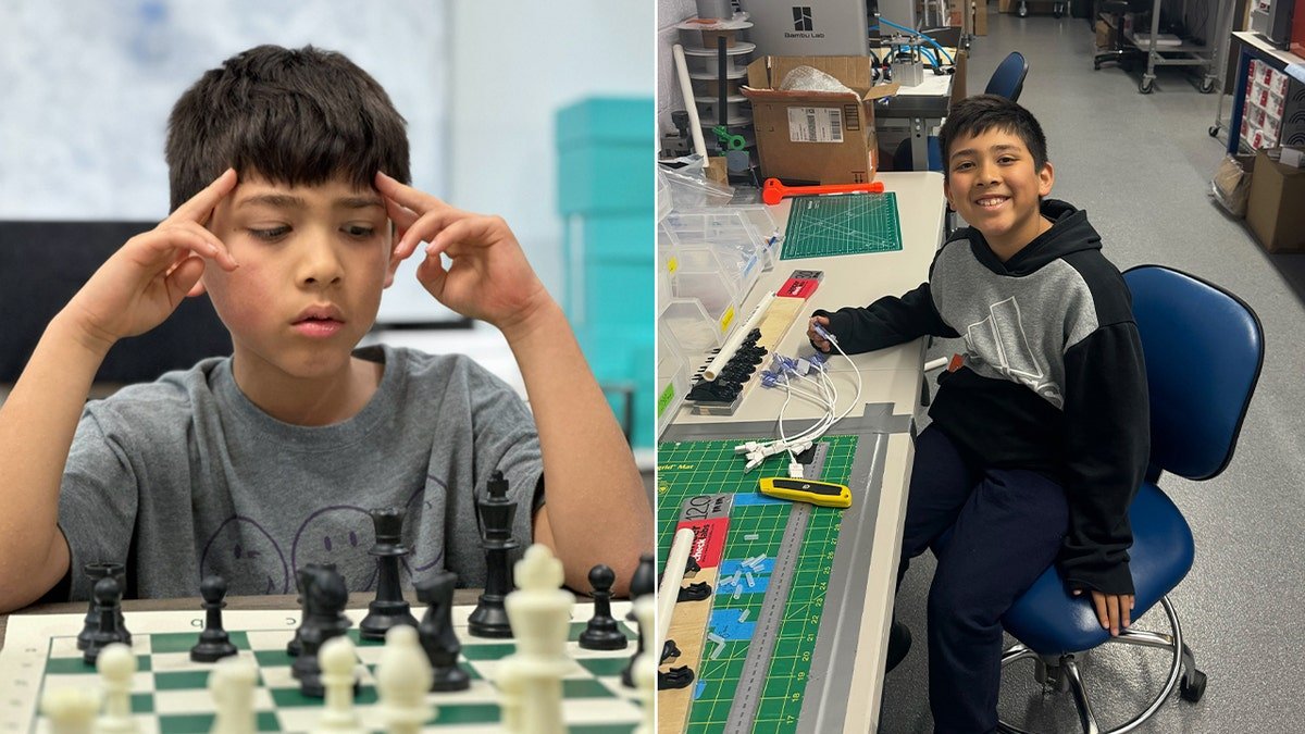 split photo of boy playing chess, working at a lab