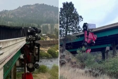 Big rig left dangling from California bridge as driver ejected from truck Big rig left dangling from California bridge as driver ejected from truck