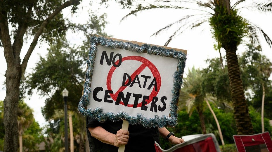 Person holding "NO DATA CENTERS" sign