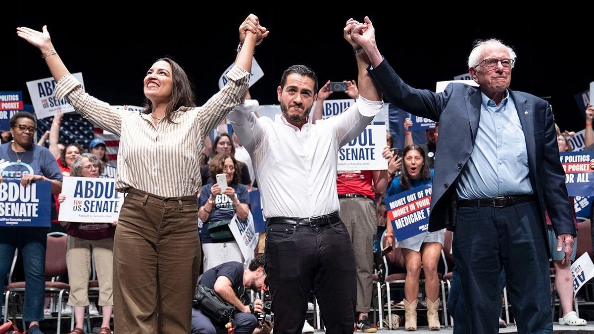 Rep. Alexandria Ocasio-Cortez, Democratic Michigan U.S. Senate primary candidate Abdul El-Sayed, and U.S. Sen. Bernie Sanders