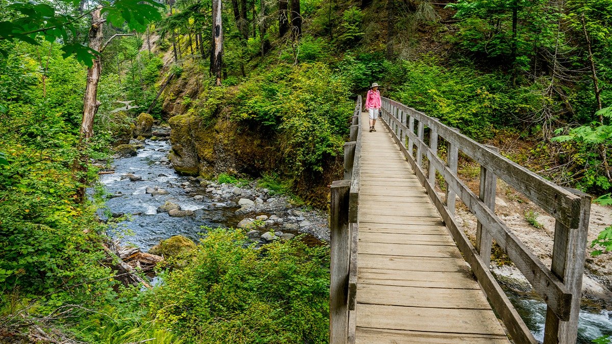 hiker on bridge