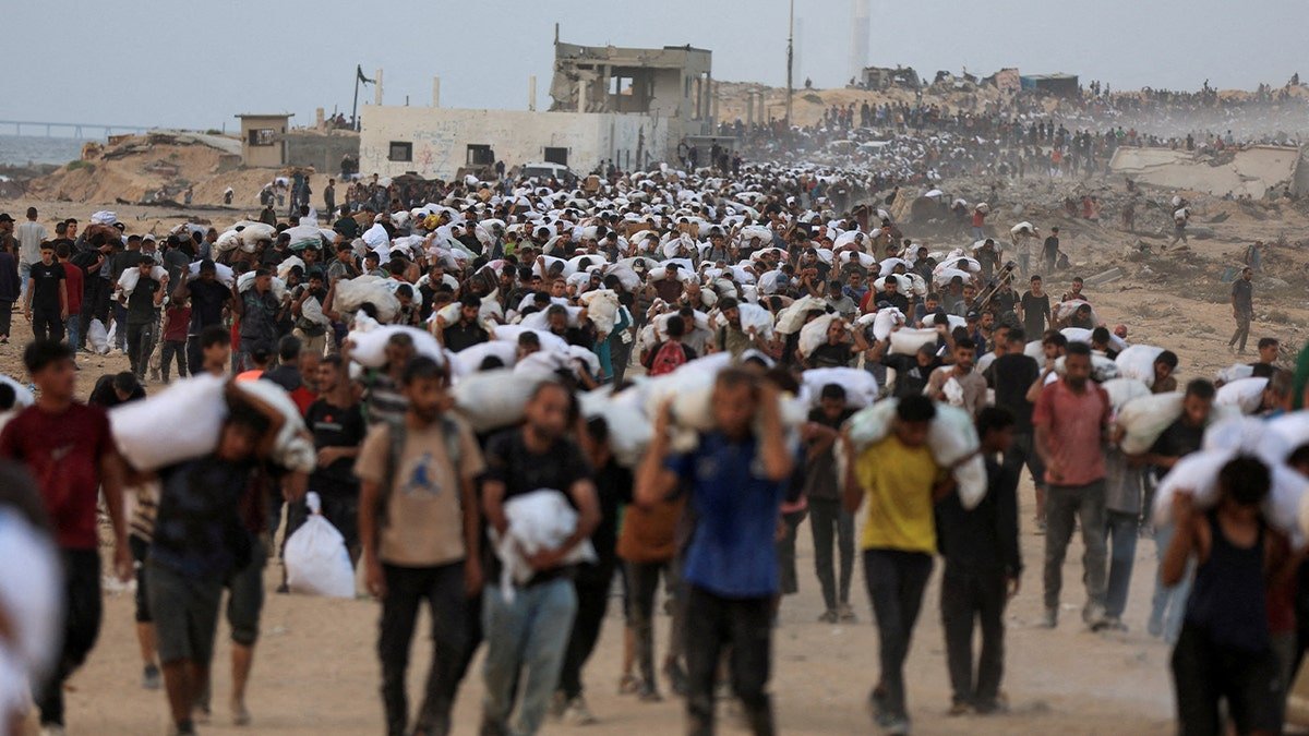 Palestinians carry aid supplies, that entered Gaza on trucks through Israel, in Beit Lahia, in the northern Gaza Strip July 29, 2025.