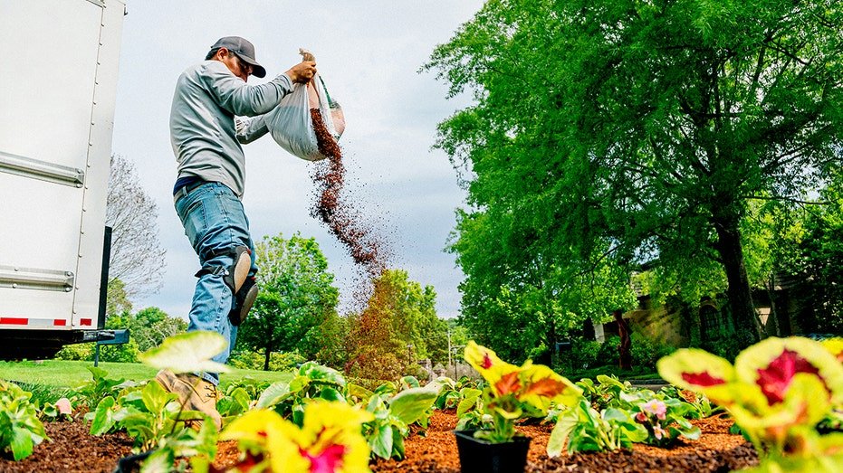 A person holding a bag of soil.
