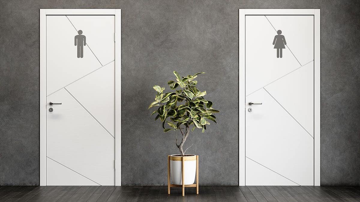 Restroom doors display male and female symbols beside a potted plant.
