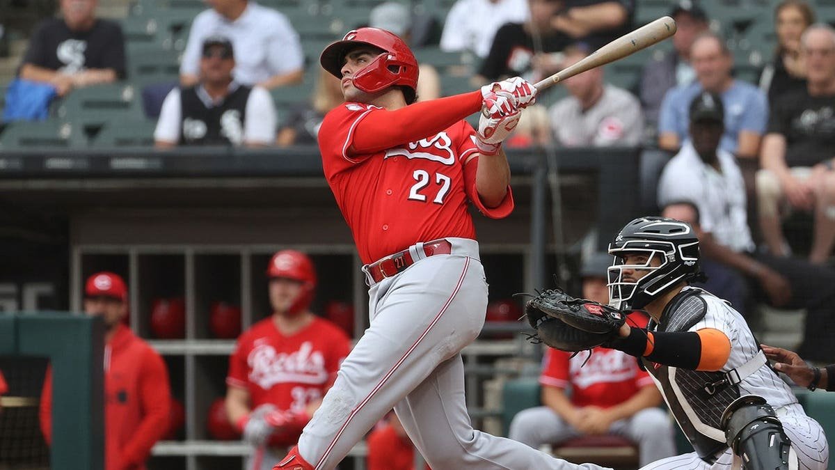 Sal Stewart swings at a pitch during a game at Rate Field.