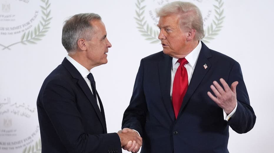 Donald Trump shakes hands with Canadian Prime Minister Mark Carney during summit in Egypt