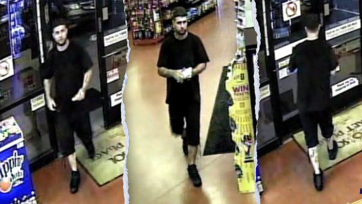 A three-way split showing a man in black clothes with tattoos and short dark hair who is being sought in connection with a Tucson-area murder