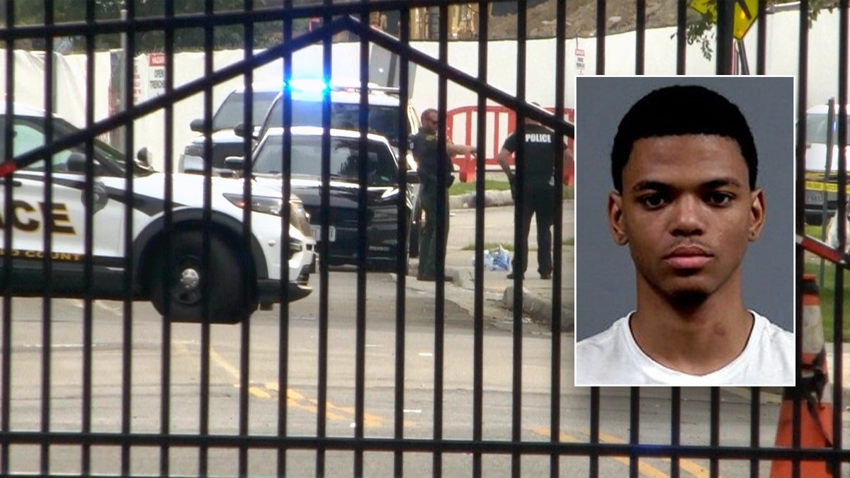 Camron Harris' mugshot shown next to police activity at Virginia State University.