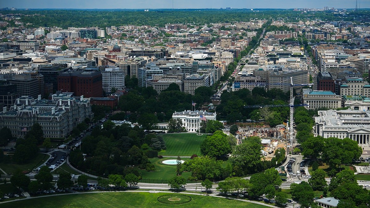 The White House ballroom construction site viewed from a high elevation in Washington.