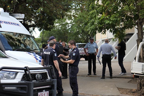 Police at the Lambert Street scene on Friday afternoon. 