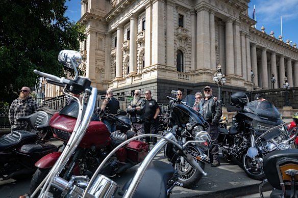 Motorcycle riders outside parliament on Monday protest the state of Victoria’s roads.