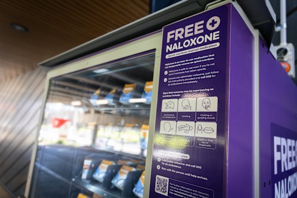 A free naloxone dispensing machine that’s been installed at the Alfred Hospital Emergency and Trauma Centre in Melbourne.
