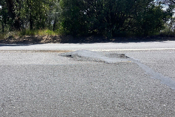 The patched pothole on Arthurs Seat Road that Heggen said acted as a ramp for his motorbike. 