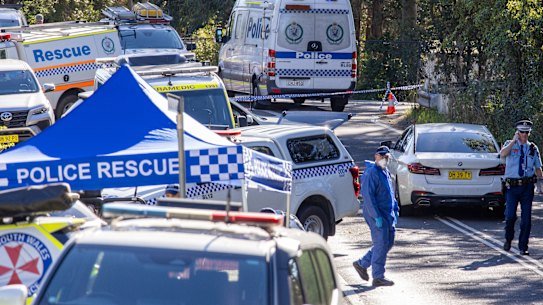 Police attend a crime scene on Waratah Road in the Blue Mountains suburb of Valley Heights.