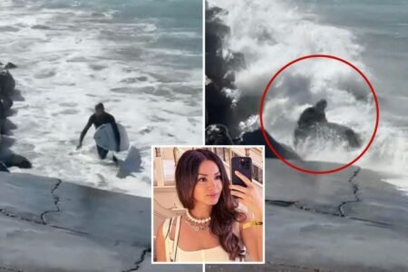 Moment California surfer smashed onto rocks by hurricane-powered wave before celebrity publicist’s daring rescue
